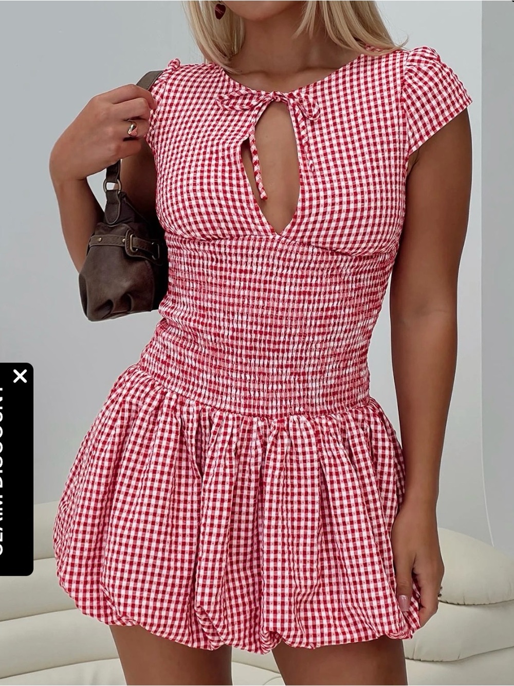 Prince Polly Women’s Red Gingham Tie-Front Mini Bubble Dress